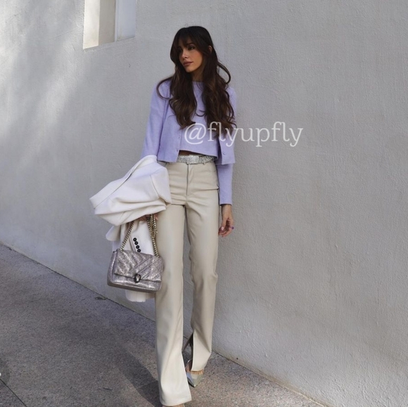 Zara Pants - Zara * Faux Leather Cream Pants Slit